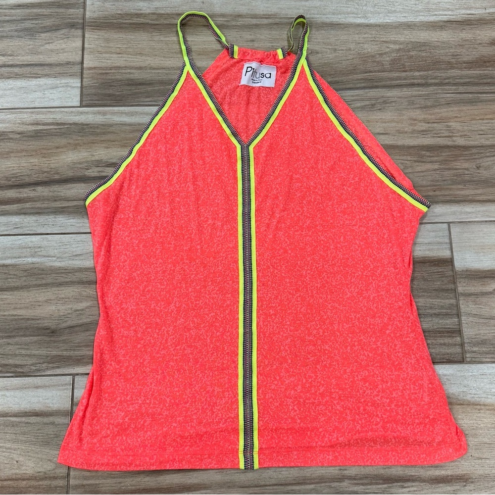 Pitusa Neon Coral Tank Top with Yellow Trim